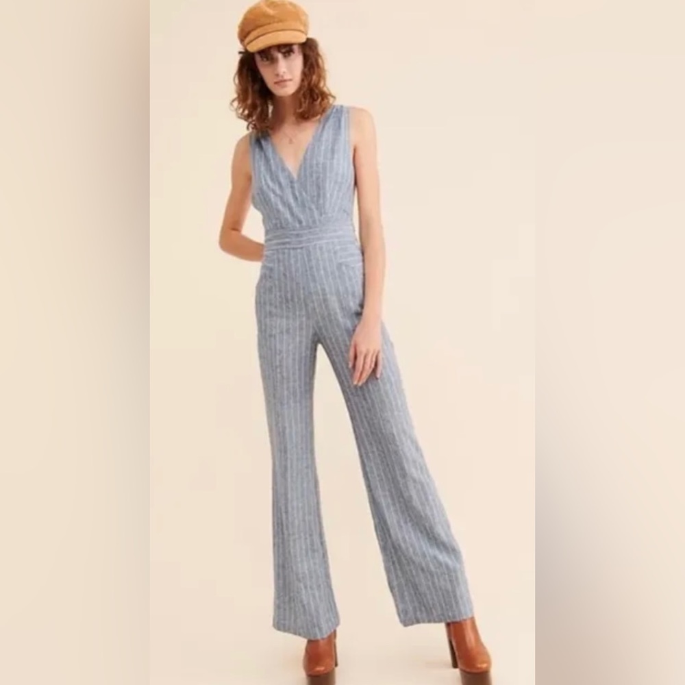 FREE PEOPLE CURRENT AIR  STRIPED OPEN BACK JUMPSUIT BLUE SIZE L NWT
